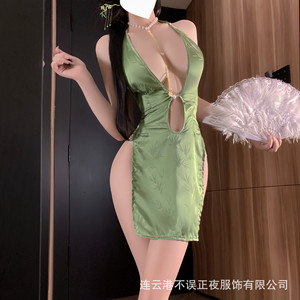 Sexy Lingerie Nightgown for Women, Sexy Nightgown, Green Cheongsam, Feminine Style, QQNY Romantic Clothing Set - Product Image 1