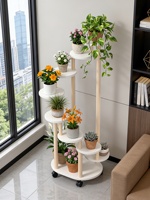 Rak Bunga Bertingkat Kayu dengan Roda, Rak Tanaman Indoor yang Dapat Dipindahkan, Rak Pot Bunga Minimalis Modern untuk Ruang Tamu