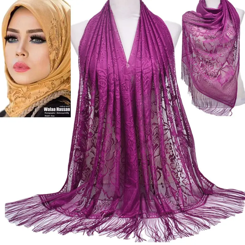 Lenço muçulmano com renda oco fora franja jersey hijab lenço de seda cor sólida longo estilo senhora xale