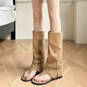 Sandales à lanières, bottes hautes pour femmes, chaussures plates décontractées d'été avec sangle à boucle, style western, bottes cylindriques pliables - Product Image 2