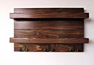 Étagère <span class=keywords><strong>murale</strong></span> flottante en bois à deux niveaux rustique avec crochets Support à épices de cuisine Caddy pour le stockage - Product Image 5
