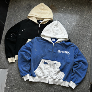 Sweat à capuche streetwear personnalisé 420 g/m², fermeture éclair, 100 % coton, effet délavé à l'acide, peinture éclaboussée, effet délavé au soleil - Product Image 1
