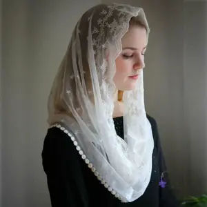 2021 Elfenbein Schwarz Hochzeit Cape Muslim Ladies Lace Schal Schal Braut Mantillas Für Kirche Hochzeit Lace Schleier Katholisch