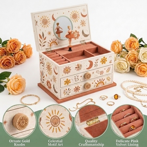 Caja de Música de Madera Rectangular con Manivela, Diseño Floral Boho, Joyería Cálida y Creativa, MDF Ecológico, 120S, Regalo de Cumpleaños para Niños - Product Image 2