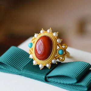 Anello <span class=keywords><strong>di</strong></span> perle <span class=keywords><strong>di</strong></span> <span class=keywords><strong>giada</strong></span> Hetian naturale stile <span class=keywords><strong>palazzo</strong></span> S925 in argento sterling agata rosso sud grande anello con faccia d'uovo gioielli in oro antico - Product Image 1