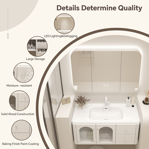 Meuble-lavabo moderne et romantique de style français, esthétique courbée, pour chambre à coucher, avec lavabo simple ou double en céramique et miroir LED intelligent mural - Product Image 3
