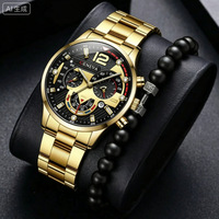 Jam Tangan Quartz Pria Multi Kronograf Polesan Halus Set Gelang Manik-Manik Tahan Air Tali Logam Paduan Kotak Hadiah Bisnis Olahraga