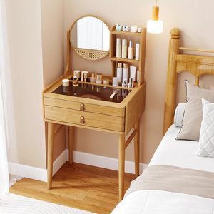 Table de maquillage en bambou avec miroir rotatif, 2 tiroirs, <span class=keywords><strong>étagère</strong></span>s ouvertes et plateau en verre trempé – Vente en gros - Product Image 2