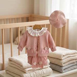 Conjunto de Ropa Tejida <span class=keywords><strong>para</strong></span> Bebés Recién Nacidas, Cárdigan con Flores Hecho <span class=keywords><strong>a</strong></span> Mano y Pelele, Conjunto de 2 Piezas de Suéter de Algodón <span class=keywords><strong>para</strong></span> Bebés de 0 <span class=keywords><strong>a</strong></span> 24 Meses - Product Image 1