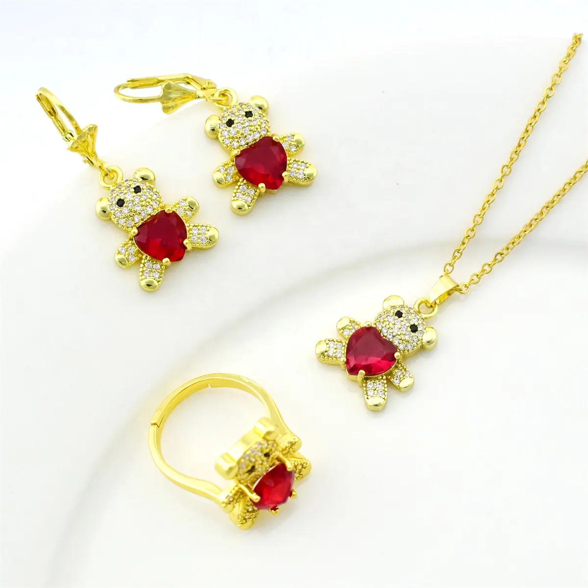 Wholesale Trendy Rings Earrings Necklace Jewelry Sets White Red Blue Crystal Rhinestone Zircon Copper Love Heart Teddy Bear Set