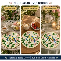 Set de table rond en perles de verre blanches imprimées sur mesure, motif branche de fleur d'oiseau bleu, pour la vente en gros