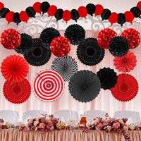 Décorations de fête rouges et noires, éventails en papier, pompons, guirlandes pour anniversaire, mariage, remise de diplôme, soirée jeux, fête garçon/fille