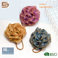 Éponge de loofah personnalisée en usine, 50g, en forme de fleur, rose, en maille, pour exfoliation, douche, bain, boule de lavage, éponge luffa
