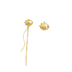Pearl <b>Earrings</b> PVD Gold Plated 316L Stainless Steel Sustainable Resistant Shell Design <b>Studs</b> With <b>Chain</b> Dangle - Product Image 2