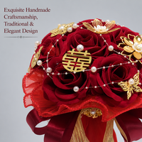 Ramo de mano nupcial rojo para boda con rosas artificiales y perlas, adorno para fiesta, estilo chino, accesorio para fotos de matrimonio, decoración