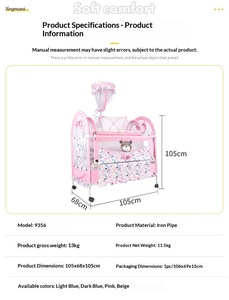 Princess Style Baby Bed with Fabric Upholstery Metal Frame <b>Roller</b> Storage Layer Foldable Design for Babies - Product Image 6