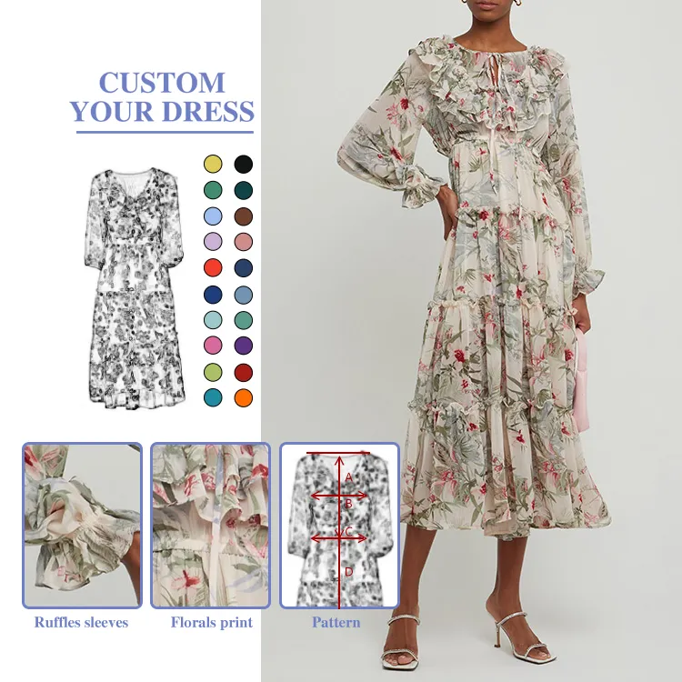 Gaun Ruffle motif bunga elegan mode musim semi wanita 2024 gaun kasual Maxi wanita simpel lengan panjang motif Floral sifon