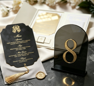 Suite d'invitations de mariage de luxe en papier coton texturé noir et or, avec menu, ruban de table, sceau de cire et impression personnalisée à feuille d'or - Product Image 5