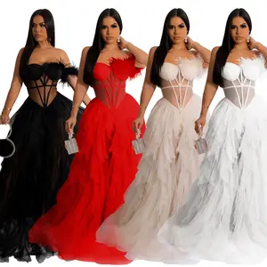 2023 New Luxury Backless Mesh Sheer Yarn Fur Prom Dresses Transparent Puff Long Wedding Dress For Women