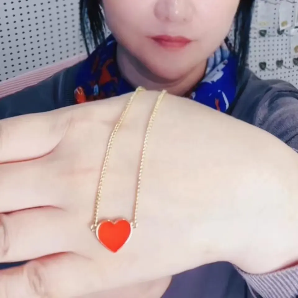 Позолоченный Красный Эмаль сердце кулон ожерелье