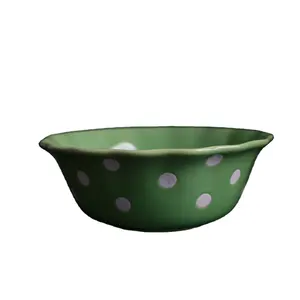 Customized Logo Print Beige Green Polygon Ceramic Salad Bowl With Polka Dot Porcelain Rice Container