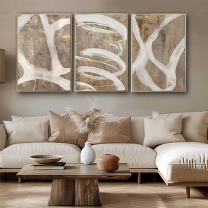 Peinture murale abstraite faite à la main en 3 parties pour <span class=keywords><strong>salon</strong></span>, art mural moderne en toile marron beige avec cadre pour décorations murales - Product Image 1