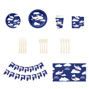 Ensemble de vaisselle de fête DAMAI, design avion bleu foncé, assiettes en papier, gobelets, serviettes, décorations joyeux anniversaire, vaisselle jetable - Product Image 3