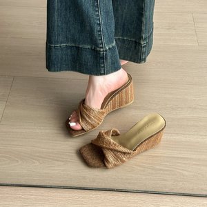 Brown Casual White Style Wedge Resort <b>Sandals</b> Open Toe Flat <b>Sandals</b> for Women Outdoor Woven Versatile Square Toe Retro - Product Image 6
