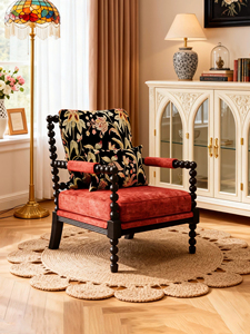 <span class=keywords><strong>Fauteuil</strong></span> en bois <span class=keywords><strong>vintage</strong></span> JP <span class=keywords><strong>noir</strong></span> avec coussin en chenille <span class=keywords><strong>rouge</strong></span> <span class=keywords><strong>et</strong></span> oreiller floral pour la décoration du salon - Product Image 3