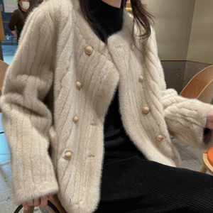 Imitation Mink 2024 Autumn and Winter New Fashion Korean Version Double-breasted V-collar Ferrets <strong>Green</strong> <strong>Fur</strong> Woman - Product Image 4