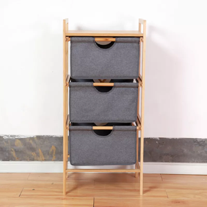 3 Layers <b>Bathroom</b> Rack Shelves - Floor Type Bamboo Lid Laundry <b>Basket</b> With Three Fabric Drawers for Different Clothes - Product Image 2
