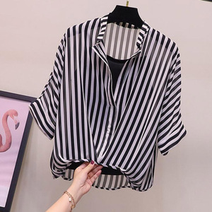 Baju Wanita, Dua Potong, Musim Panas, Blus Kasual Wanita, Leher V Longgar, Lengan Setengah, Kemeja Sifon Macan Tutul, Atasan Garis-garis Ukuran Plus - Product Image 6