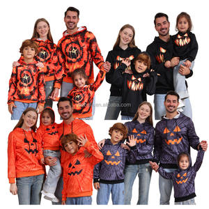 Customizable Halloween <strong>Family</strong> Outfit Mom Kids <strong>Hoodies</strong> in Black Orange with Pumpkin &amp; Skeleton Knitted Fabric MOQ 3pcs - Product Image 1