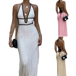 Robe longue sans dos, ajustée, sans bretelles, à col <span class=keywords><strong>en</strong></span> V croisé, sans manches, de style europé<span class=keywords><strong>en</strong></span> et américain, pour les vacances d'été à la plage - Product Image 1