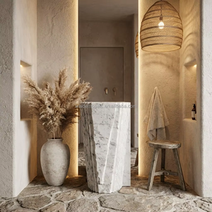 <span class=keywords><strong>Lavabo</strong></span> sur colonne texturé en marbre blanc de Carrare côtelé de qualité supérieure pour grossistes en équipements de salle de bain de luxe - Product Image 3