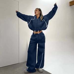 Conjunto de Dos Piezas de Ropa para <span class=keywords><strong>Mujer</strong></span>, <span class=keywords><strong>Sudadera</strong></span> con Capucha y <span class=keywords><strong>Cremallera</strong></span> en Color Contrastante, Pantalones Holgados y Rectos Casuales - Product Image 3