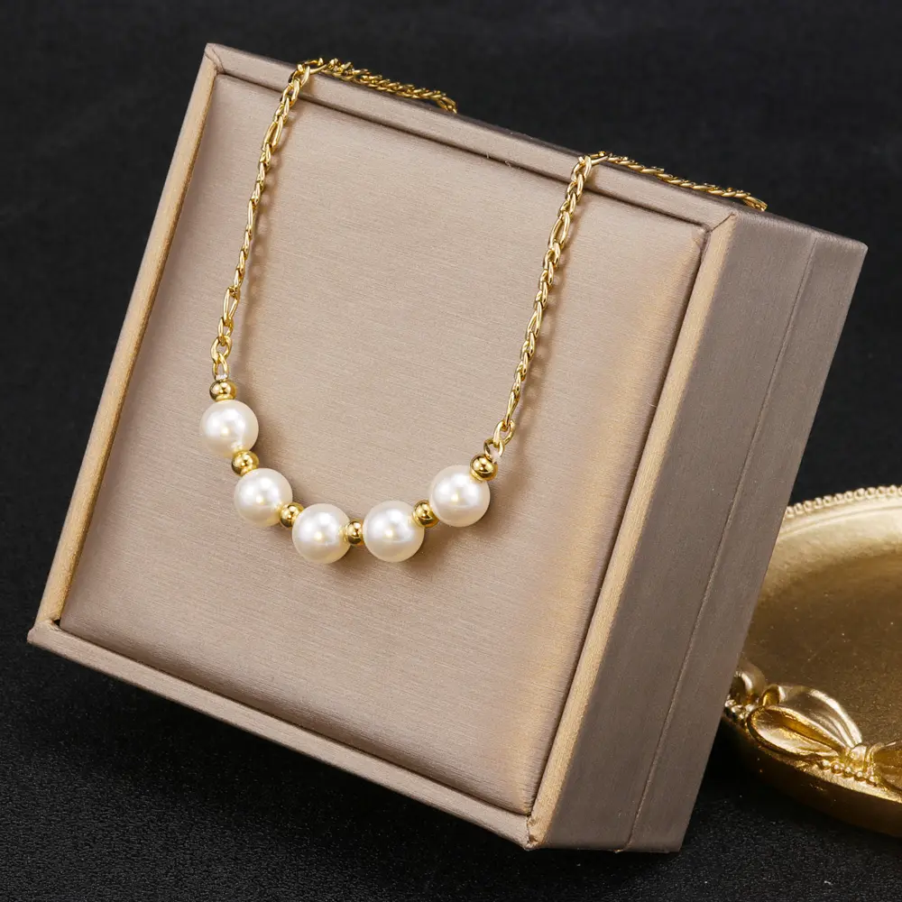 Stainless Steel Women 18k Gold Plated Link Chain Necklace Round Shell Pearl Choker Necklace Luxury For Gift