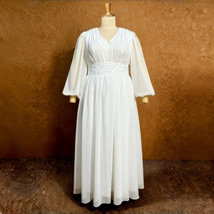 Robe longue élégante J9 pour <span class=keywords><strong>femmes</strong></span> grandes tailles, blanche, col en V, cintrée à la taille, manches longues, en mousseline, ourlet évasé, pour soirées et banquets - Product Image 2