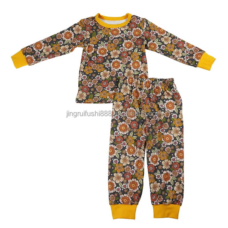 2024 Hot Selling Spring Flower Pattern Print Kids Long Sleeve Outfits Baby Boys Girls Milk Silk Boutique Custom Pajamas