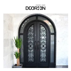 Cheap Security Exterior Front Double Entry Black Front Entrance Wrought Solid Iron Glass Door For House