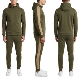 Ensemble de survêtement à capuche pour homme, vert olive et beige, avec blocs de couleur, manches longues, fermeture éclair, décontracté, pour l'automne, coupe régulière, avec pantalon de jogging - Product Image 1