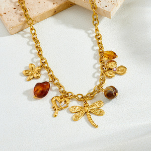 Collana con Ciondolo in Acciaio Inossidabile con Pietra Marrone, Libellula, Fiore, Cuore, Placcata Oro, Gioielli alla Moda Anti-Appannamento - Product Image 1