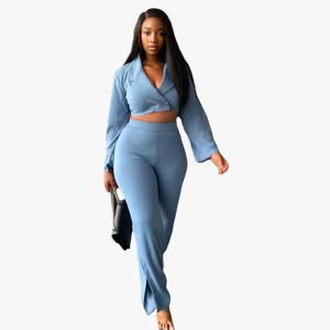 เสื้อครอปคอวีลำลองสีพื้น ชุดเซ็ต 2 ชิ้น กางเกงขายาว แฟชั่นผู้หญิง - Product Image 2