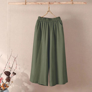 Women Cotton Linen Wide Leg Pants Elastic Waist Loose Fit Seven Point Pants Plus Size Casual Wear White Black Red Yellow Green - Product Image 5