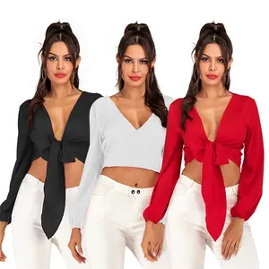 Personalizado Sexy ropa de moda de ambos lados profundo de cuello en V blusa de las mujeres de verano blusa de verano