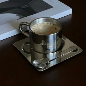 Juego de 3 Tazas de Café de Acero Inoxidable, Taza de Doble Pared Resistente al Calor con Platillo y Cuchara, Vajilla para Bebidas, Accesorios de Cocina y Cafetería - Product Image 1
