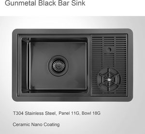 Évier de cuisine simple fait main à installation sous plan, noir canon de fusil, avec rince-verre et panier de vidange, design contemporain - Product Image 2