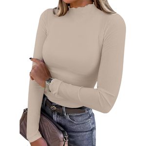FOXA Top de punto acanalado de manga larga con cuello simulado para mujer, ajuste ceñido, estilo casual elegante, jersey para otoño - Product Image 1