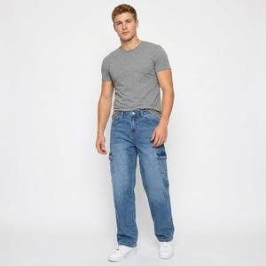 Pantalon en jean ciré grande taille pour homme, coupe ample, taille mi-haute, délavé, avec poches plaquées, fermeture boutonnée, couleur unie - Product Image 1