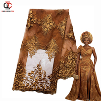 Tissu en dentelle africaine vintage en gros, tissu en dentelle brodé en tulle et maille à fleurs kaki pour robes de mariée